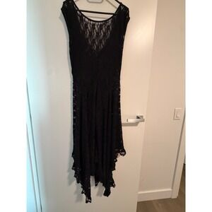 Vintage Y2K sheer Black Lace Asymmetrical Fairy Grunge Whimsigoth maxi Dress L